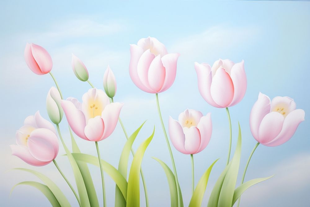 Painting of tulips outdoors blossom flower.