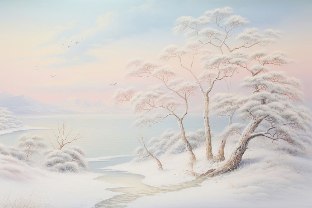 Painting of winter border outdoors drawing nature.