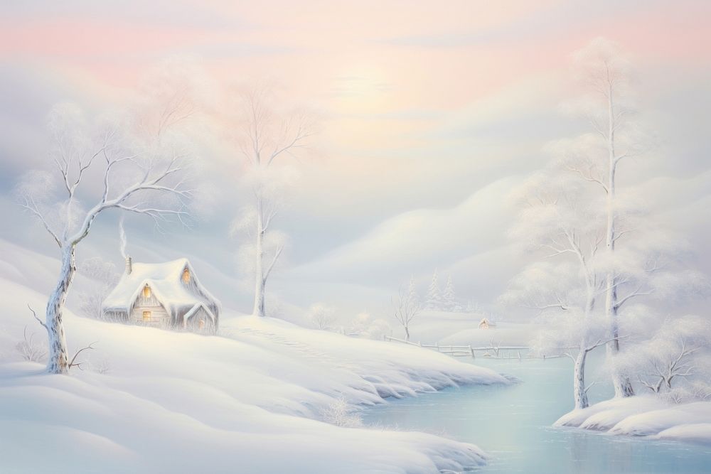 Painting of winter landscape outdoors nature.
