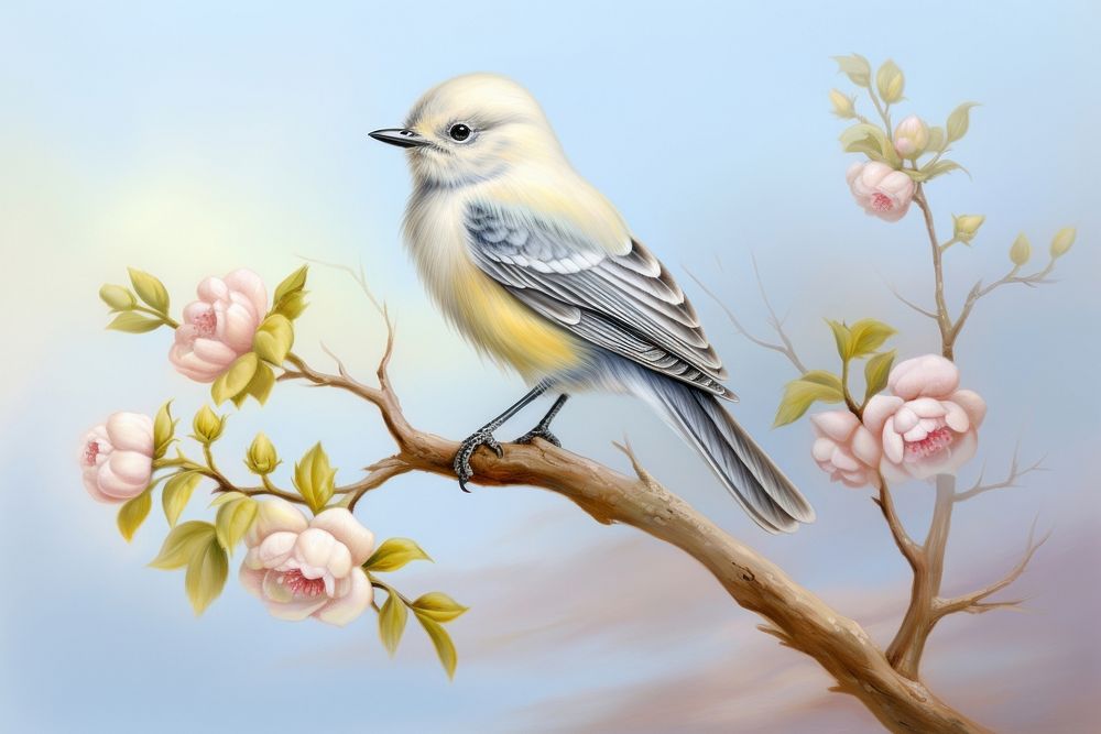 Painting of bird animal flower plant.