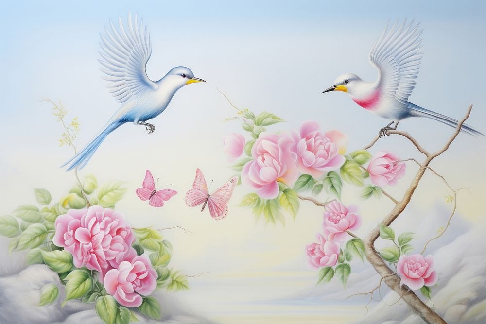 Painting of birds flower flying plant.