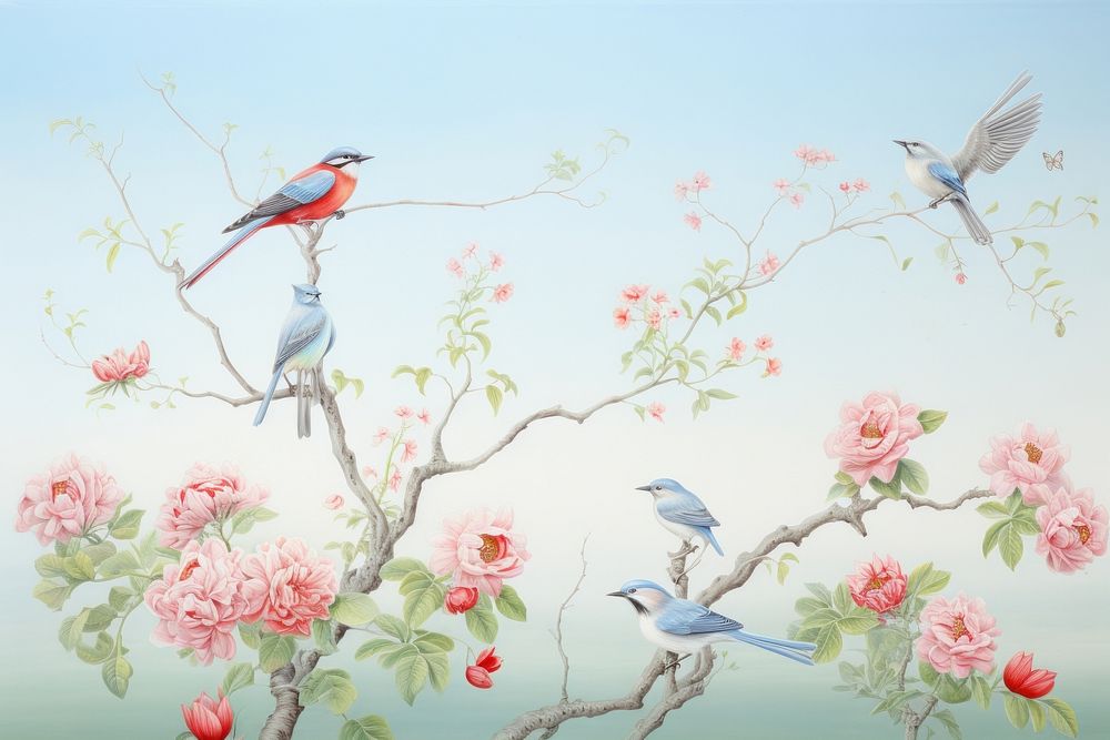Painting of birds outdoors flower animal.