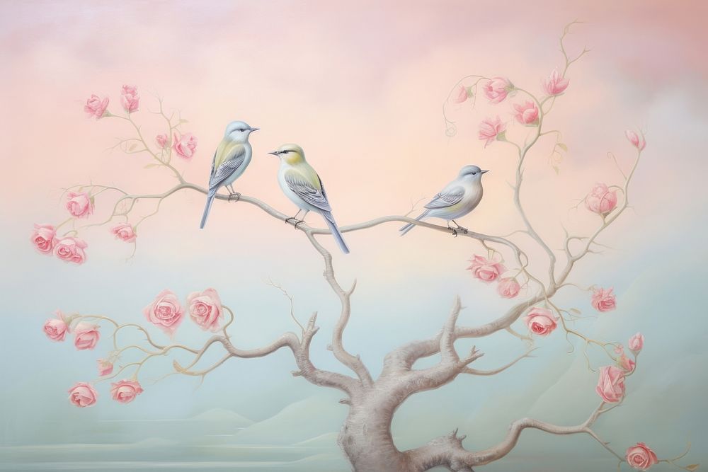 Painting of birds drawing flower animal.