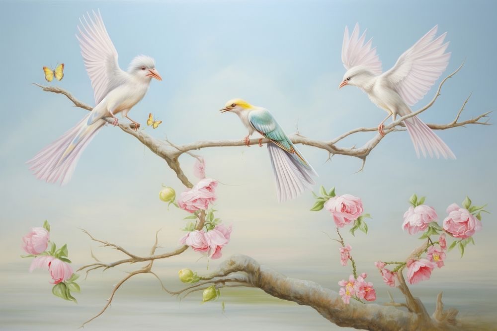 Painting of birds flower animal flying.