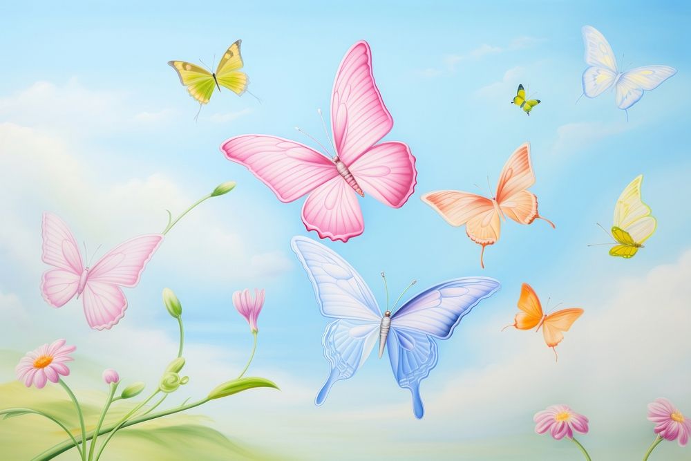 Painting of butterflies flower flying plant.
