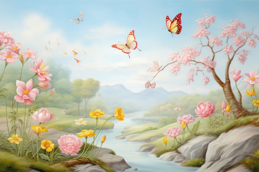 Painting of butterfly border outdoors nature flower.