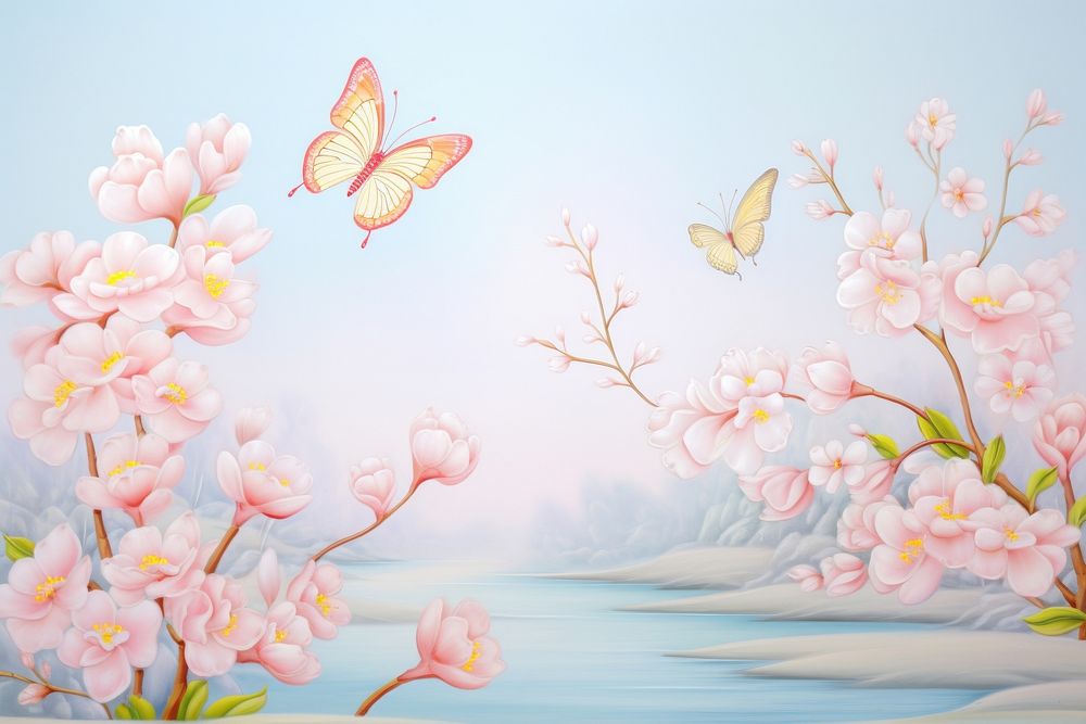 Painting of butterfly border outdoors blossom nature.