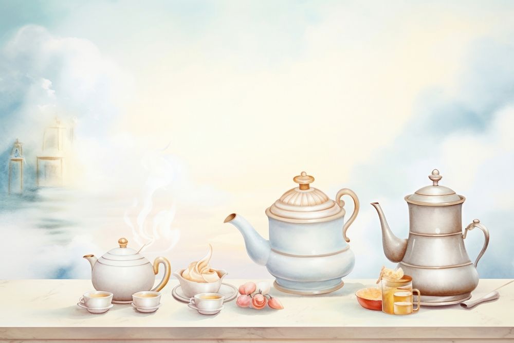 Painting of coffee border porcelain teapot mug.
