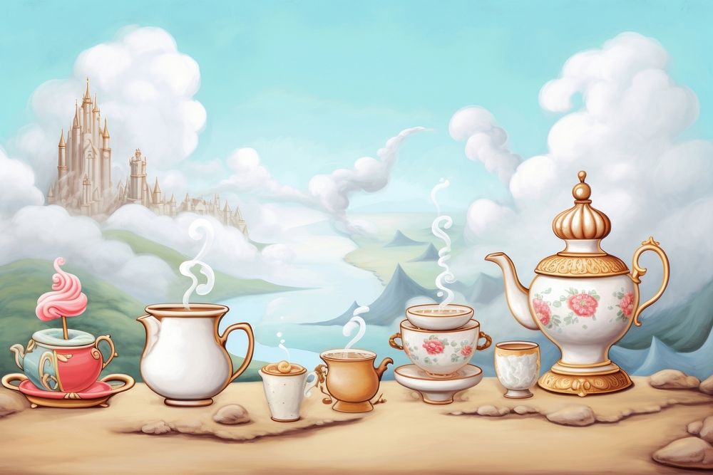 Painting of coffee border porcelain teapot saucer.