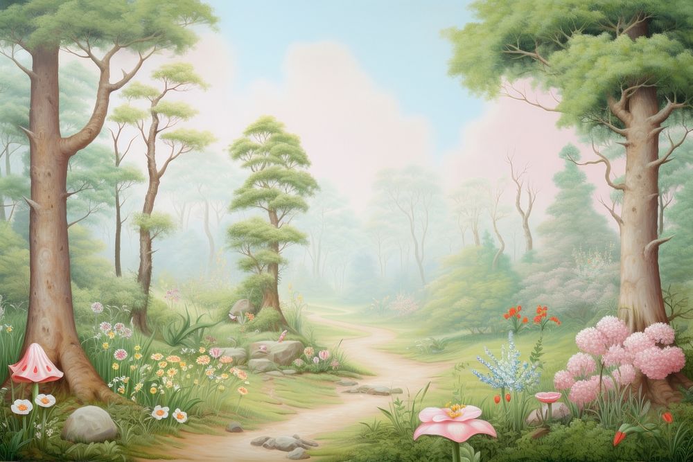 Painting of forest border outdoors woodland nature.