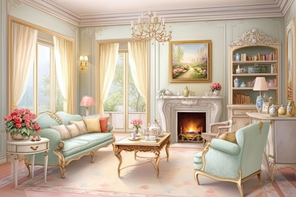 Painting of living room border architecture furniture fireplace.