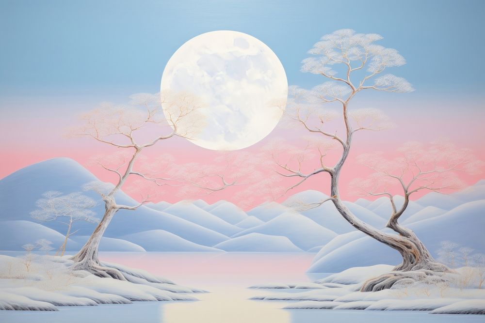 Painting of moon outdoors nature snow.