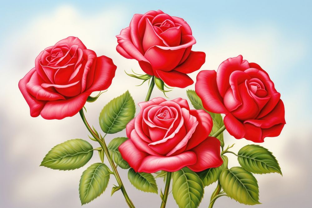 Painting of red roses flower plant inflorescence.