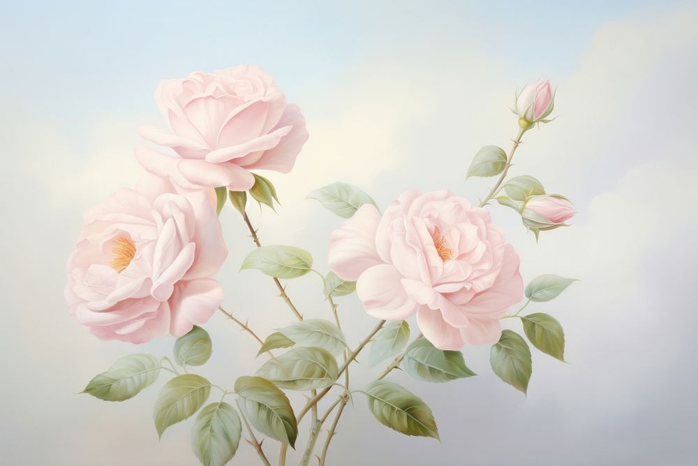 Painting of roses blossom flower plant.