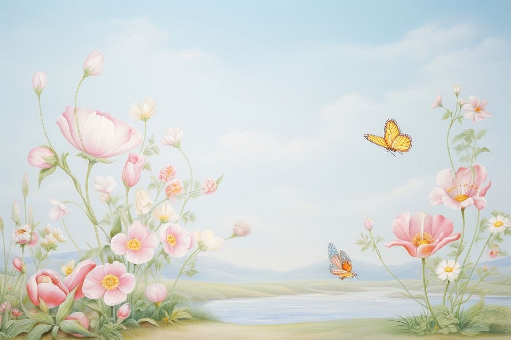 Painting of summer border outdoors nature flower.