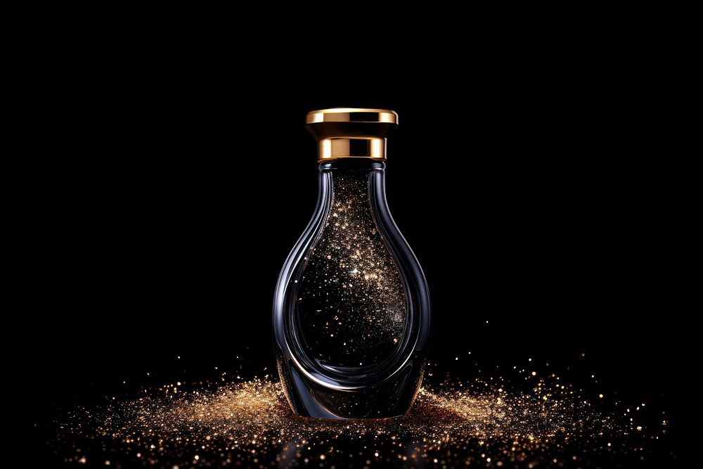 Perfume shape sparkle light glitter bottle black black background.