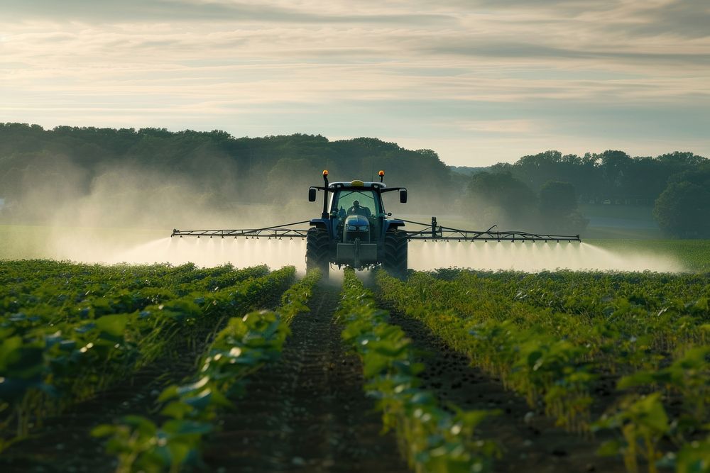 Tractor spraying pesticides field agriculture outdoors.