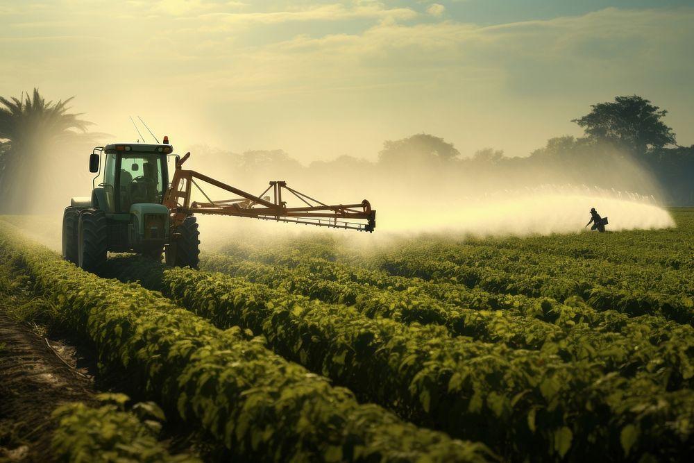 Tractor spraying pesticides field agriculture outdoors.