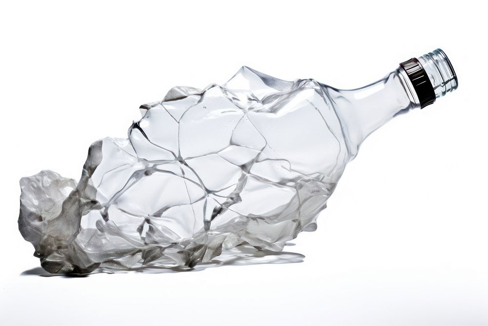 White plastic crumpled bottle glass white background refreshment.