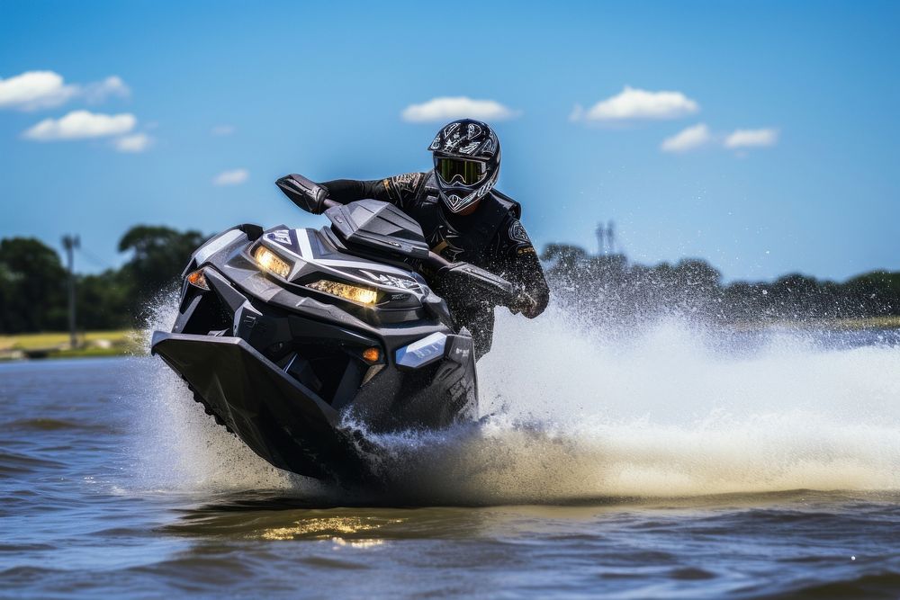Man on jet ski in the river turns with much splashes motorcycle vehicle sports.