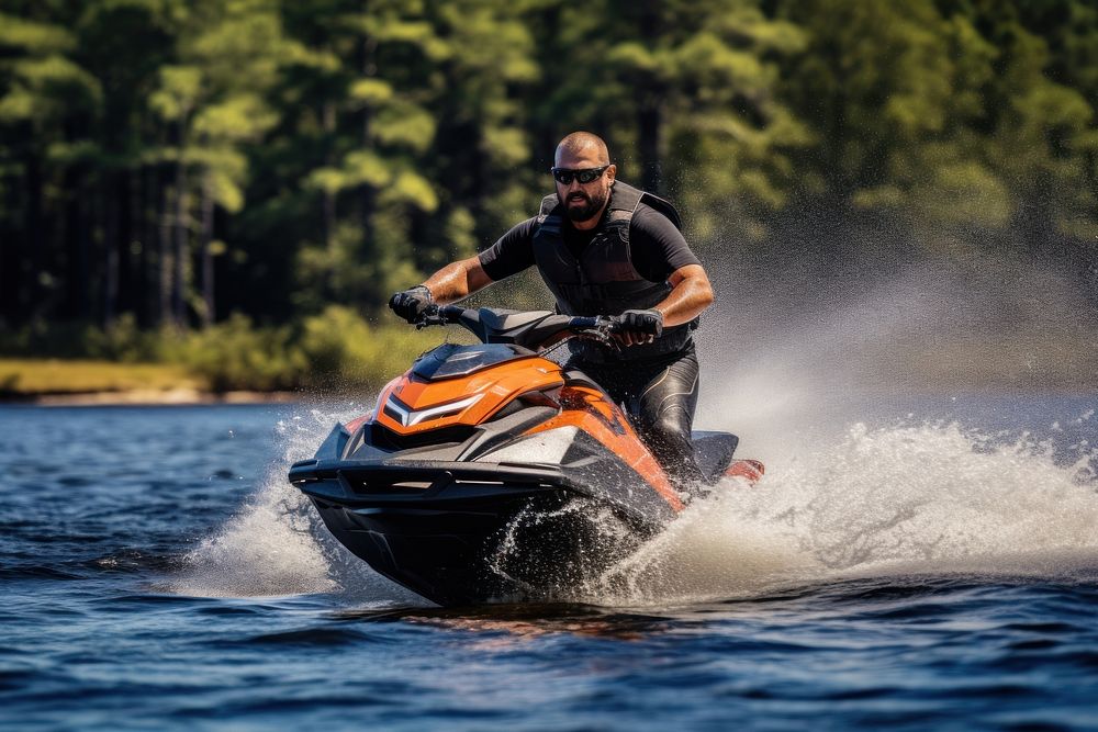 Man on jet ski in the river turns with much splashes recreation sports adult.