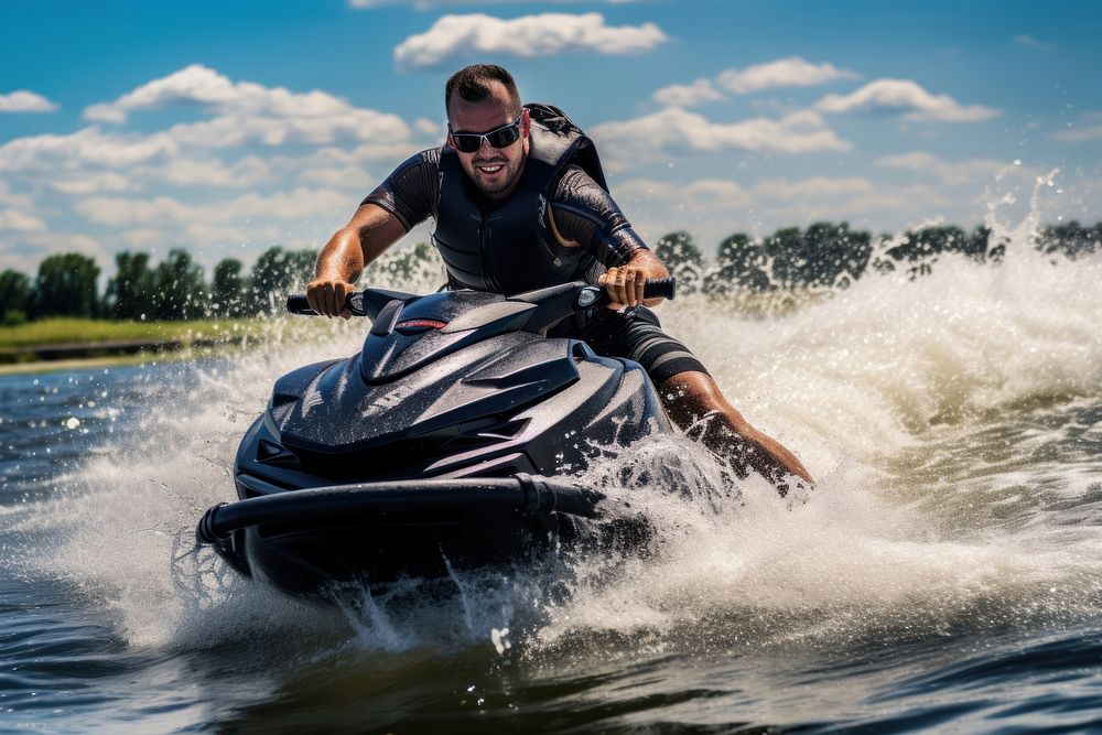 Man on jet ski in the river turns with much splashes recreation vehicle sports.