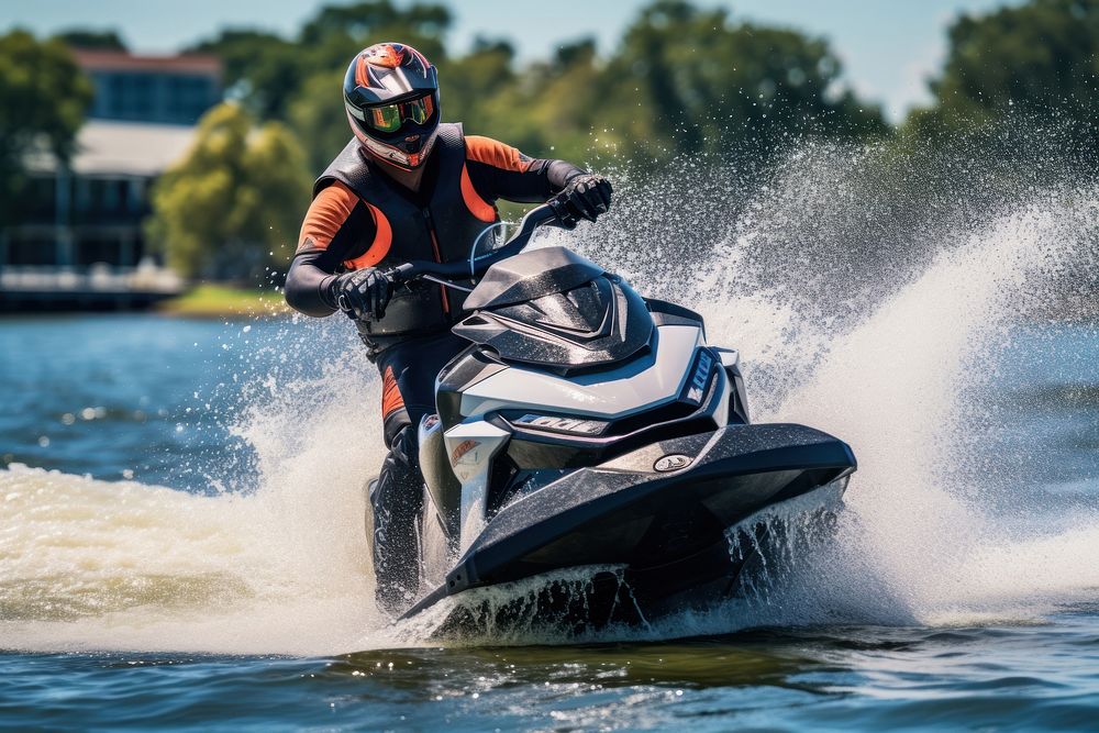 Man on jet ski in the river turns with much splashes recreation vehicle boating.