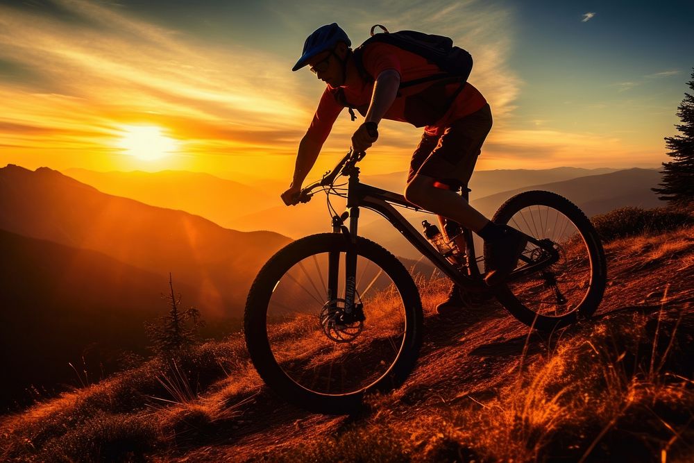 Mountain Bike cyclist riding single track at sunrise healthy lifestyle active athlete doing sport sports mountain bicycle.