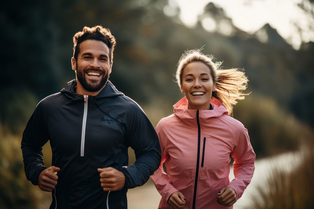 Couple jogging and running outdoors in nature adult determination togetherness.