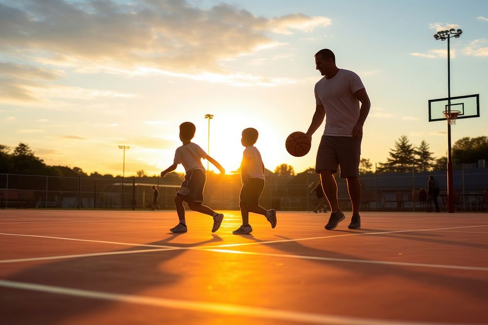 Father and son playing basketball on court footwear sports adult.