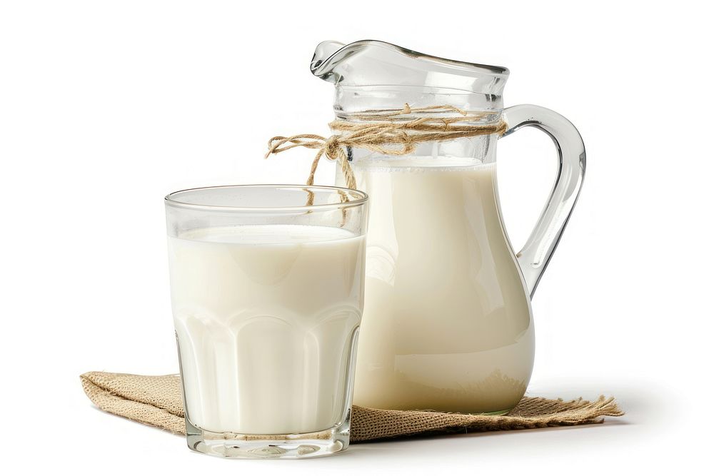 Glass and pitcher of milk dairy drink jug.