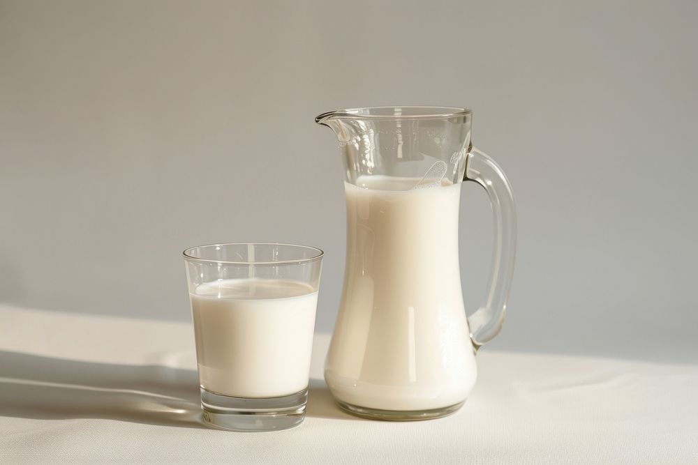 Glass and pitcher of milk drink dairy refreshment.