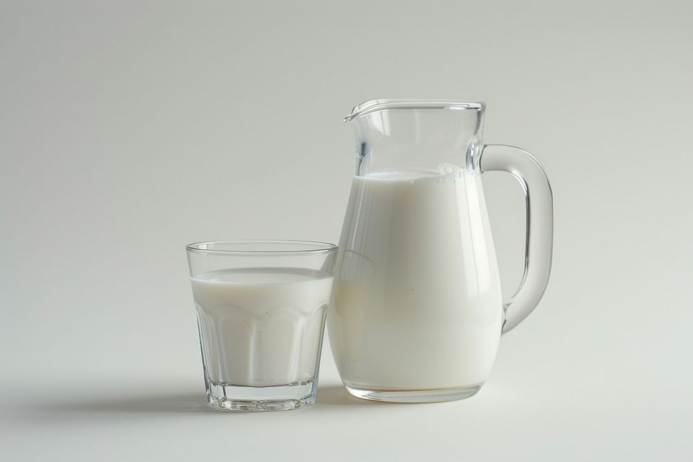 Glass and pitcher of milk drink dairy white.