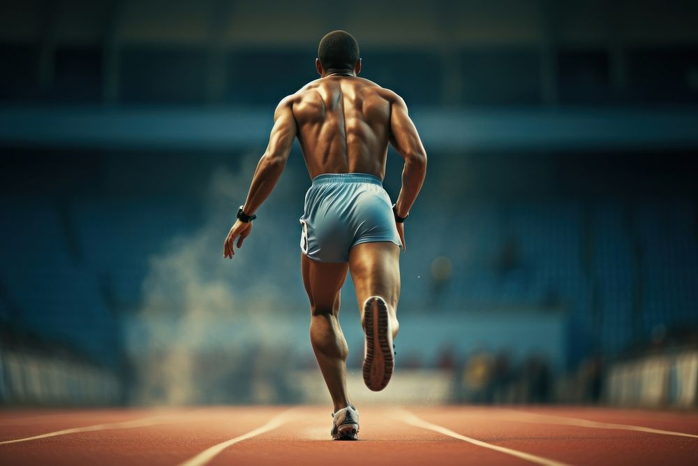Rear view of an athlete starting his sprint on an all sports adult determination.