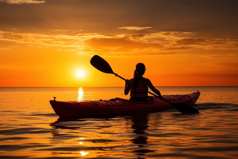 Silhouette of woman on ocean kayak silhouette recreation lifejacket.