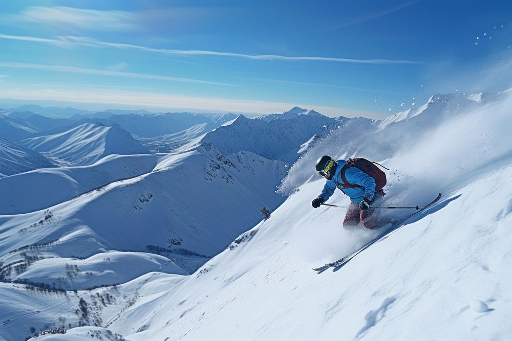Skier in high mountains recreation backpack outdoors.