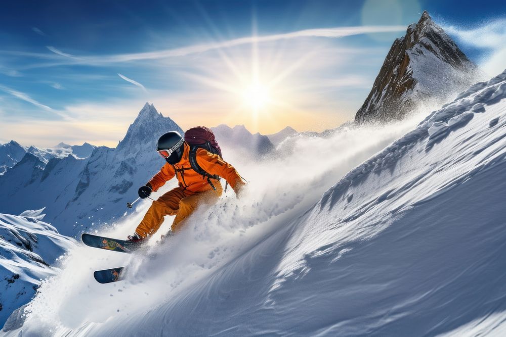 Skier in high mountains snowboarding recreation adventure.