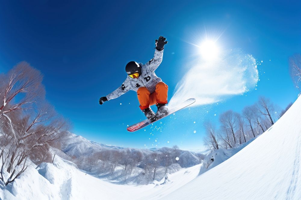 Snowboarder jumping against blue sky snow snowboarding recreation.