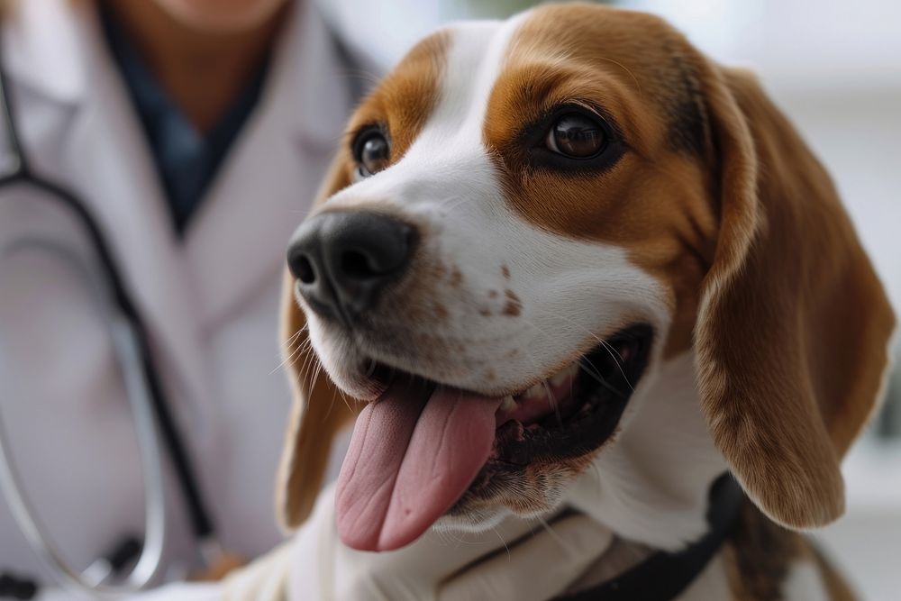 Beagle dog veterinarian examining animal.