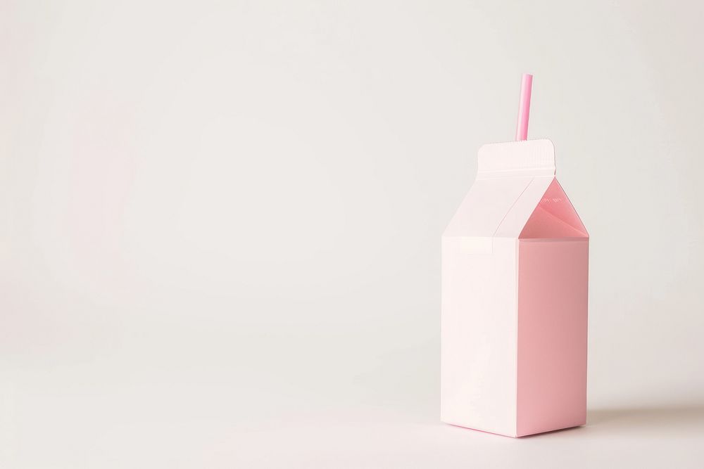 Milk carton with tube milk pink white background.