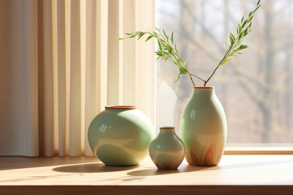Wooden floor window plant vase.