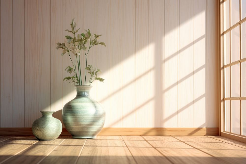 Wooden floor plant window vase.