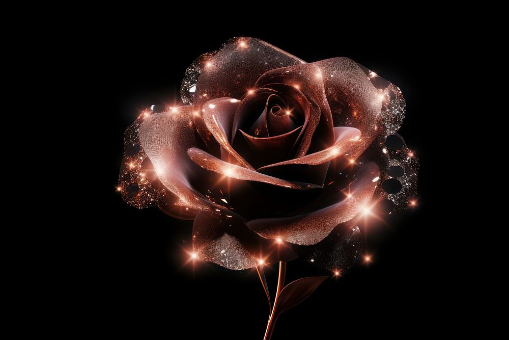 Rose shape sparkle light glitter flower plant black background.