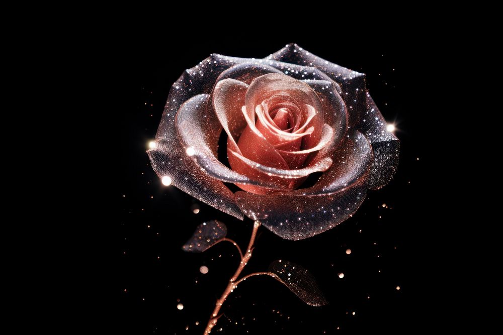 Rose sparkle light glitter flower plant black background.