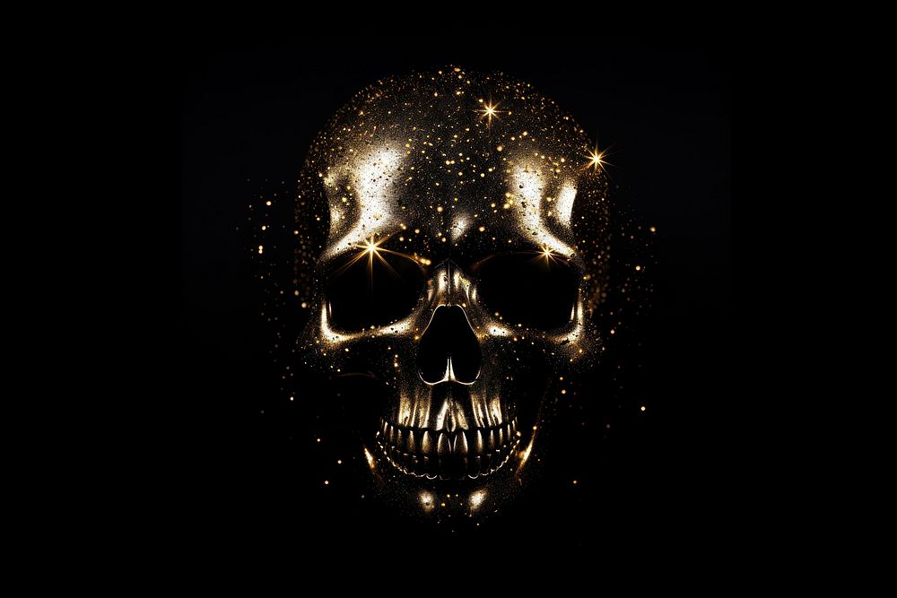 Skull shape sparkle light glitter black night black background.