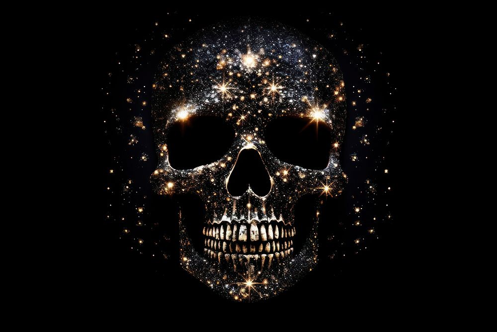 Skull shape sparkle light glitter astronomy night black background.