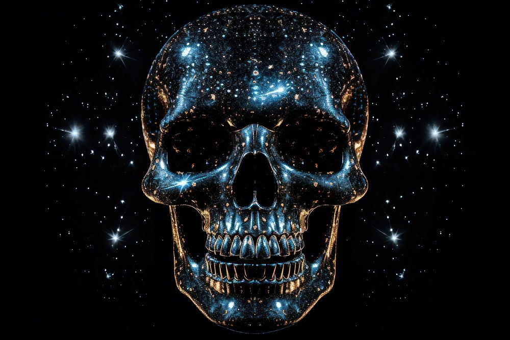 Skull shape sparkle light glitter black background illuminated futuristic.