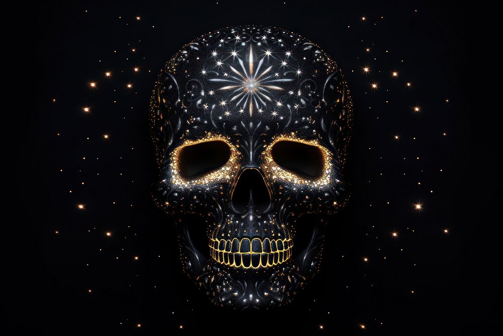 Skull shape sparkle light glitter black background illuminated celebration.