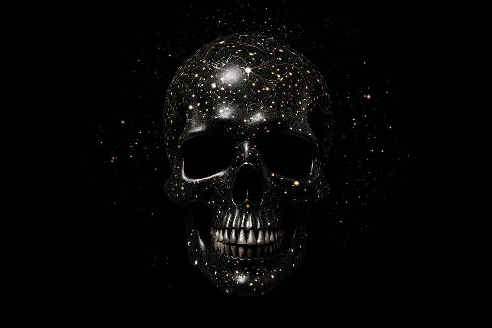 Skull shape sparkle light glitter black star black background.