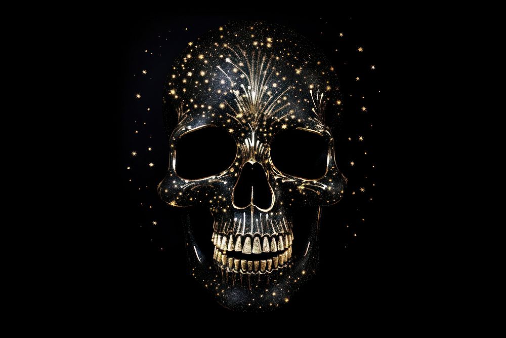 Skull shape sparkle light glitter black black background illuminated.